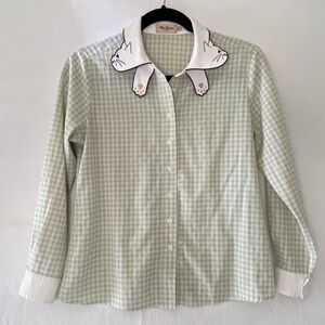 Miss Patina London Cat Collar Green & White Plaid Blouse Size 8